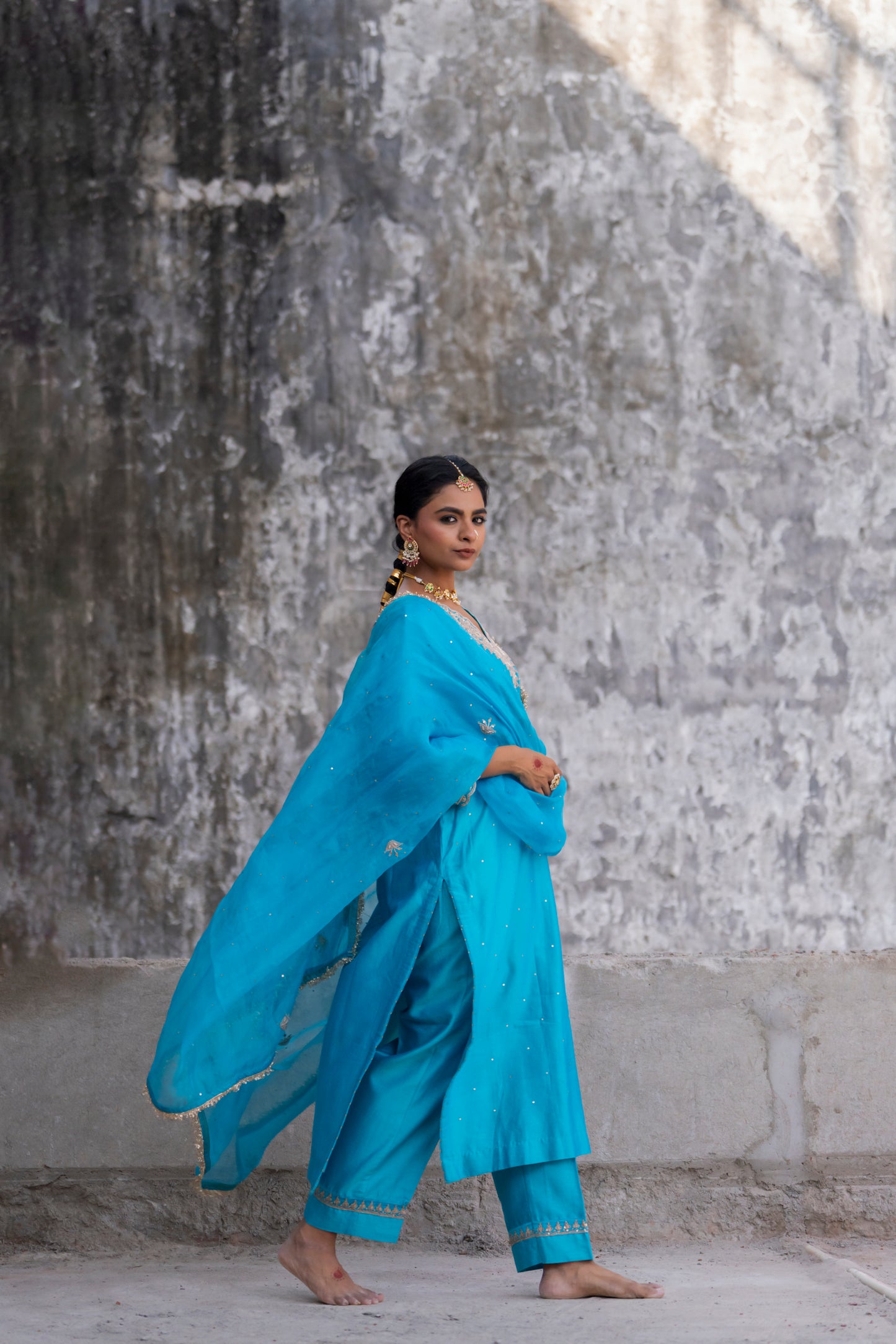 Turquoise Silk Kurta Set with Heavy Dori and Dabka Work