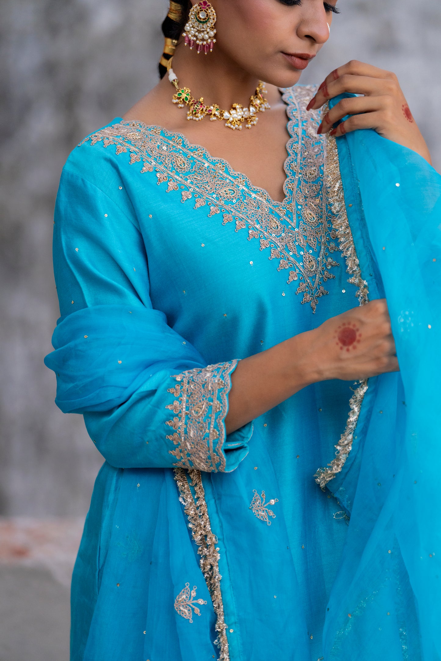 Turquoise Silk Kurta Set with Heavy Dori and Dabka Work
