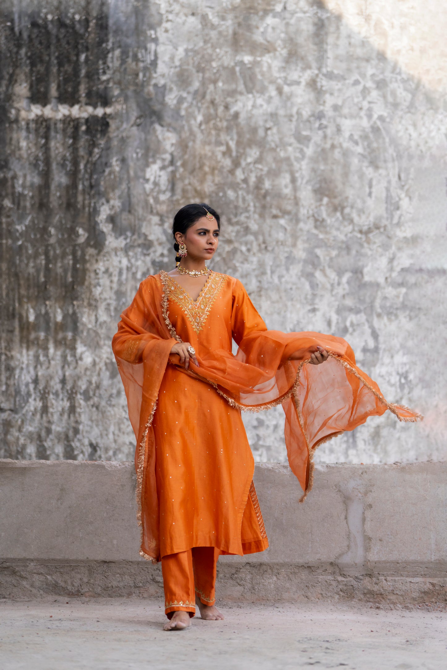 Orange Silk Kurta Set with Heavy Dori and Dabka Work