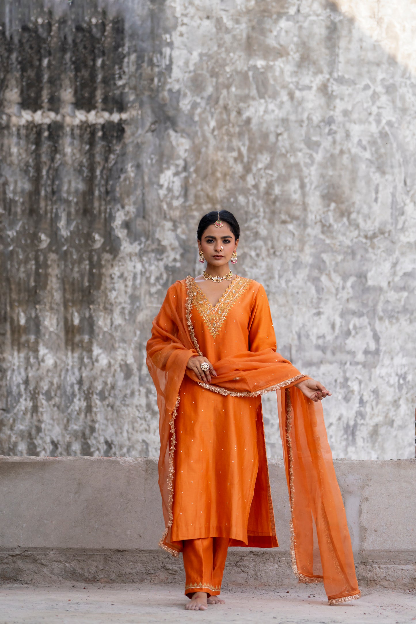 Orange Silk Kurta Set with Heavy Dori and Dabka Work