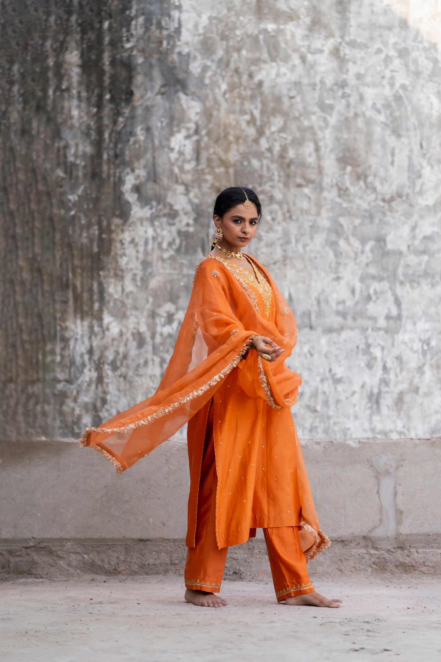 Orange Silk Kurta Set with Heavy Dori and Dabka Work