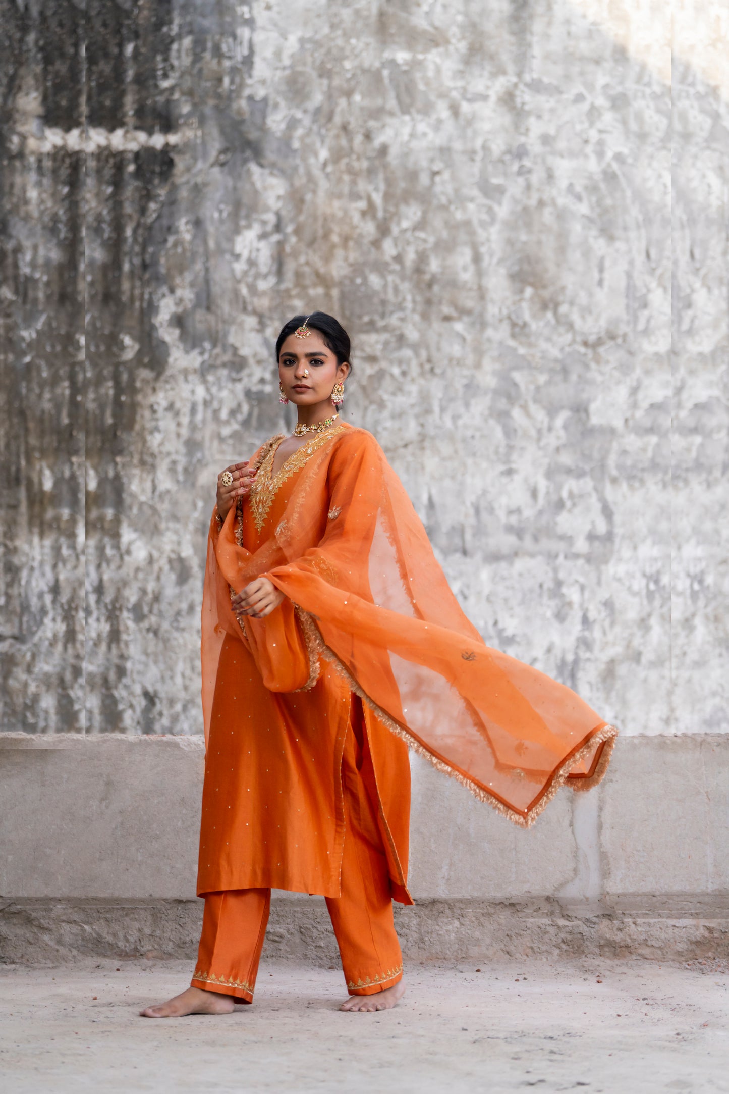 Orange Silk Kurta Set with Heavy Dori and Dabka Work