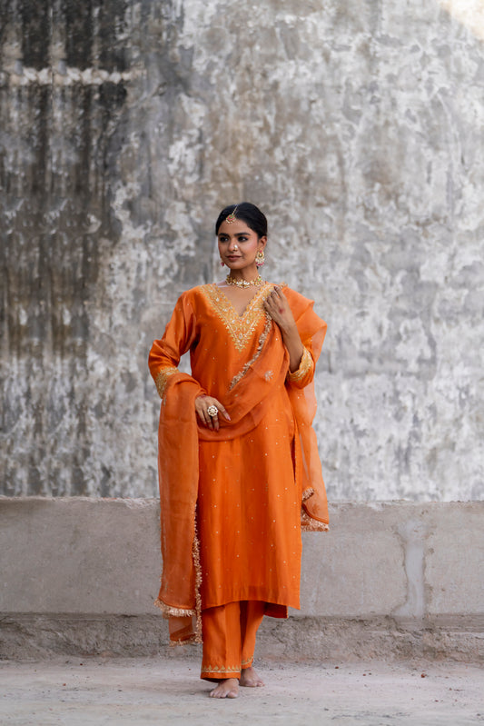 Orange Silk Kurta Set with Heavy Dori and Dabka Work