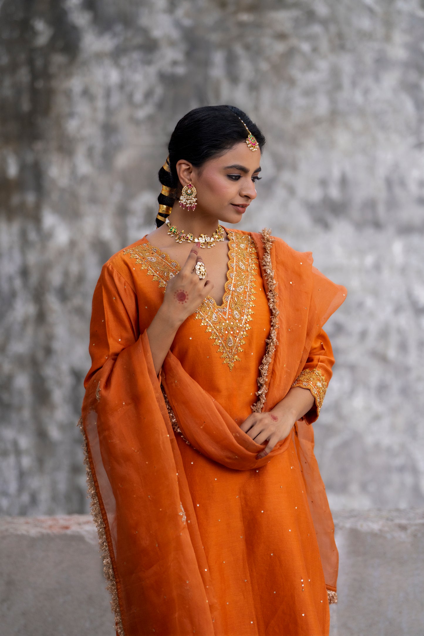 Orange Silk Kurta Set with Heavy Dori and Dabka Work
