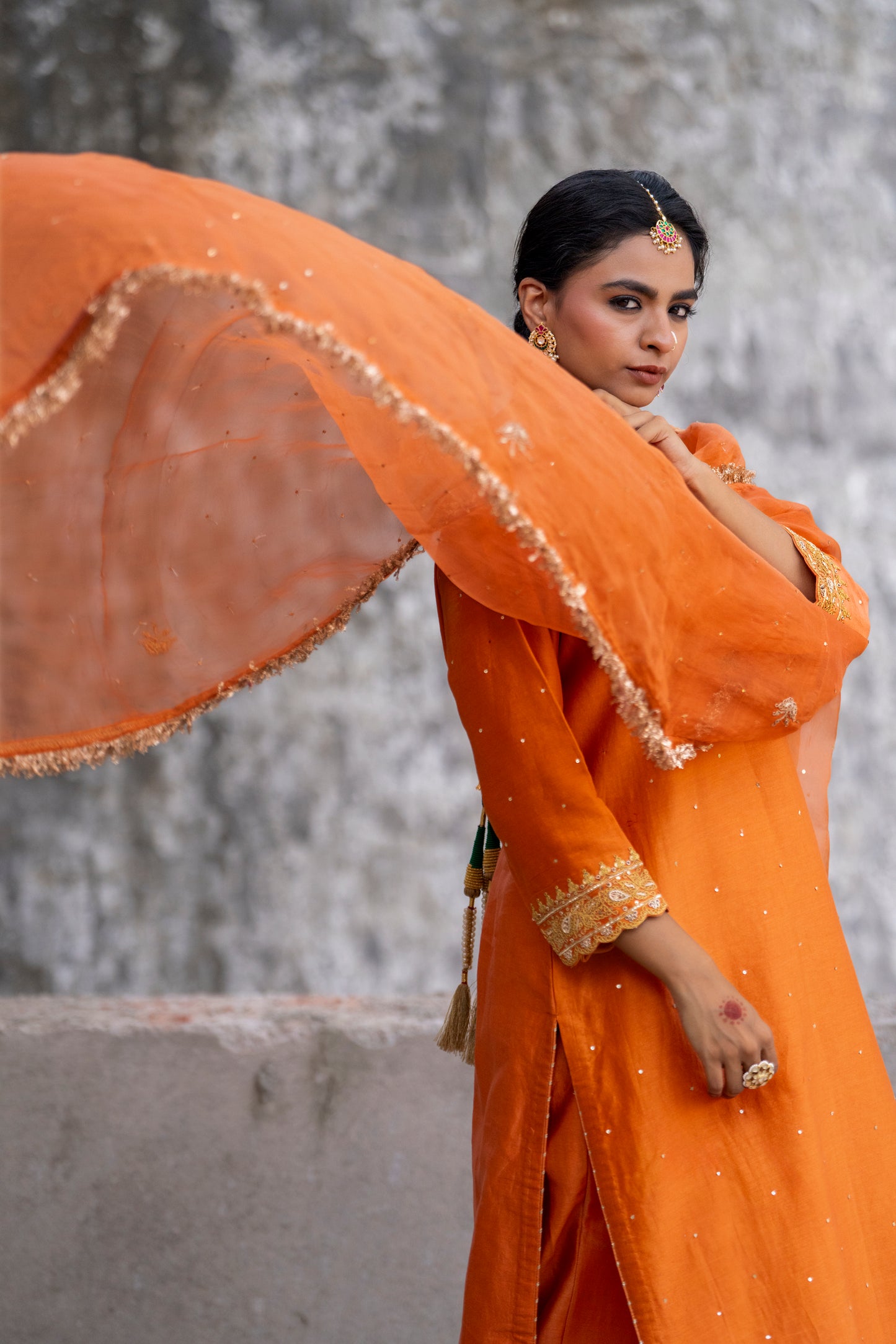 Orange Silk Kurta Set with Heavy Dori and Dabka Work