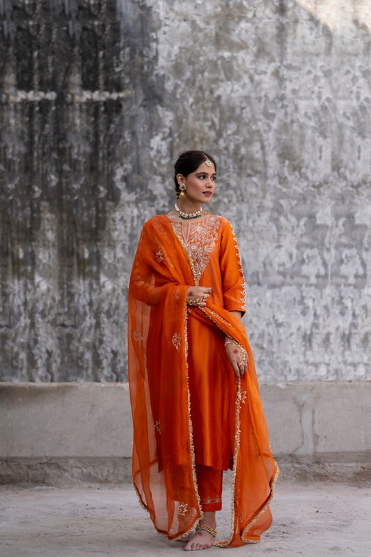 Orange Silk Kurta Set with Heavy Dori and Dabka Work