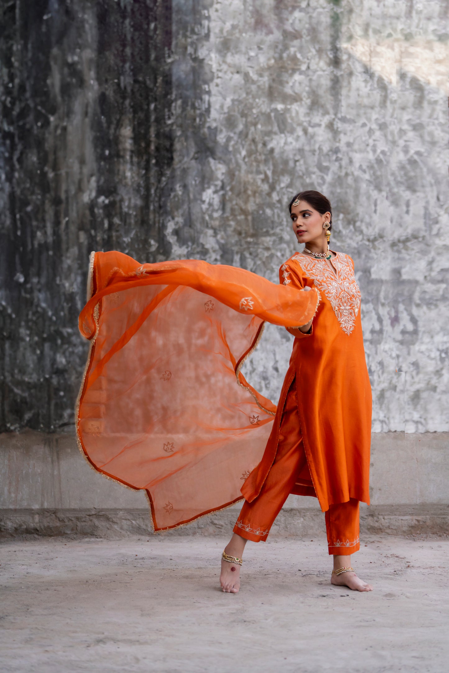 Orange Silk Kurta Set with Heavy Dori and Dabka Work