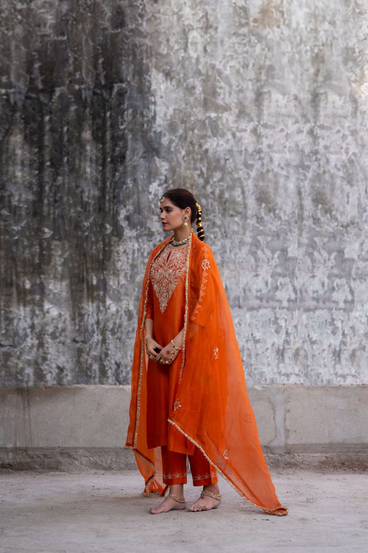 Orange Silk Kurta Set with Heavy Dori and Dabka Work