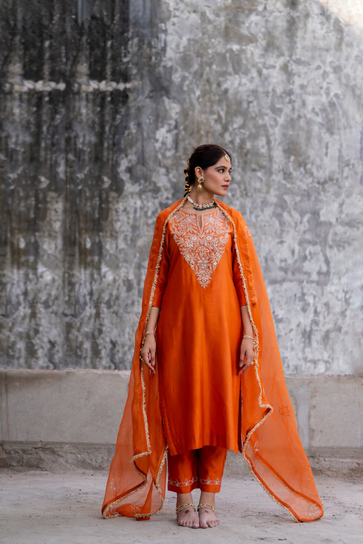 Orange Silk Kurta Set with Heavy Dori and Dabka Work