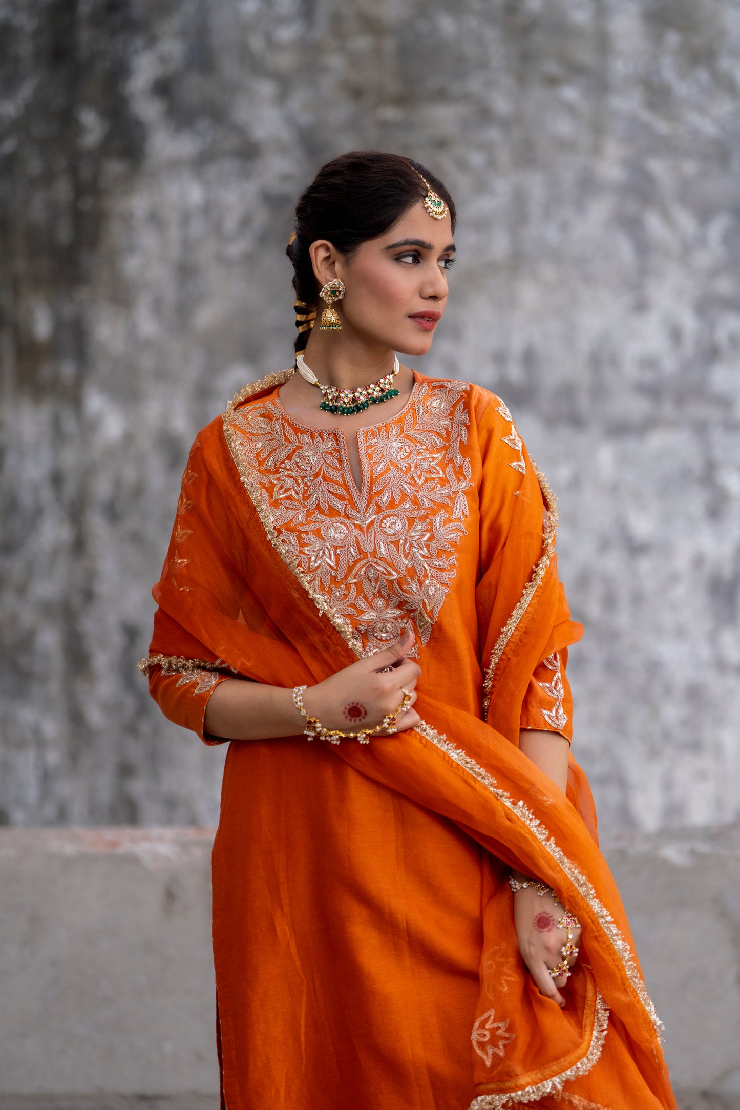 Orange Silk Kurta Set with Heavy Dori and Dabka Work