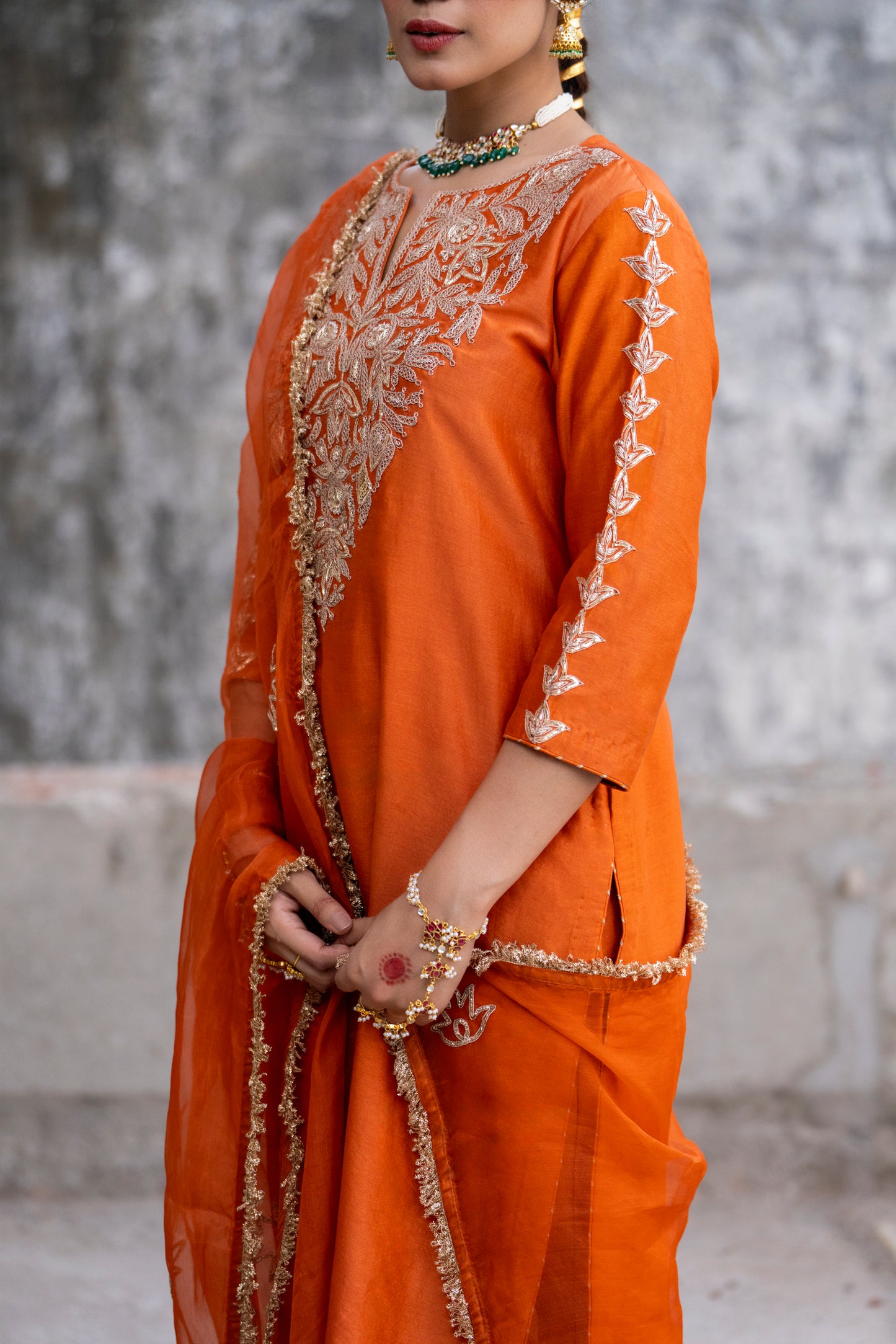 Orange Silk Kurta Set with Heavy Dori and Dabka Work