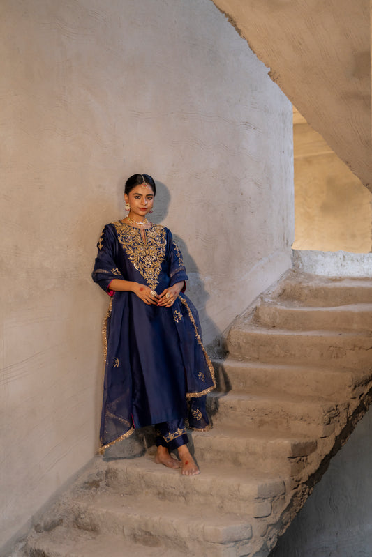 Midnight blue Silk Kurta Set with Heavy Dori and Dabka Work