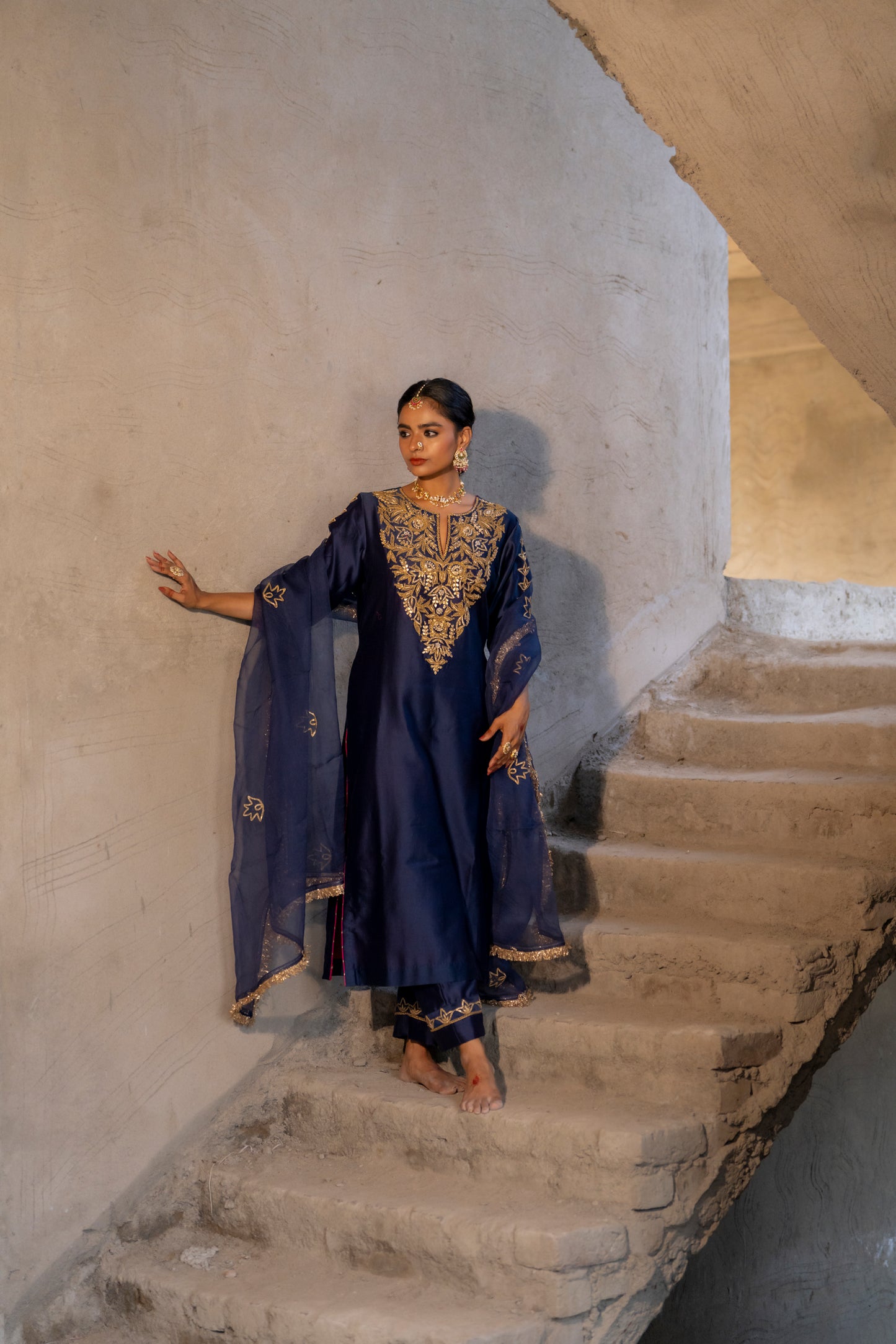 Midnight blue Silk Kurta Set with Heavy Dori and Dabka Work