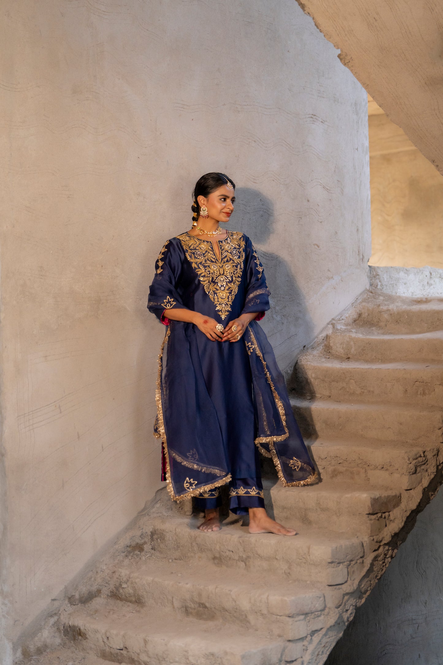 Midnight blue Silk Kurta Set with Heavy Dori and Dabka Work