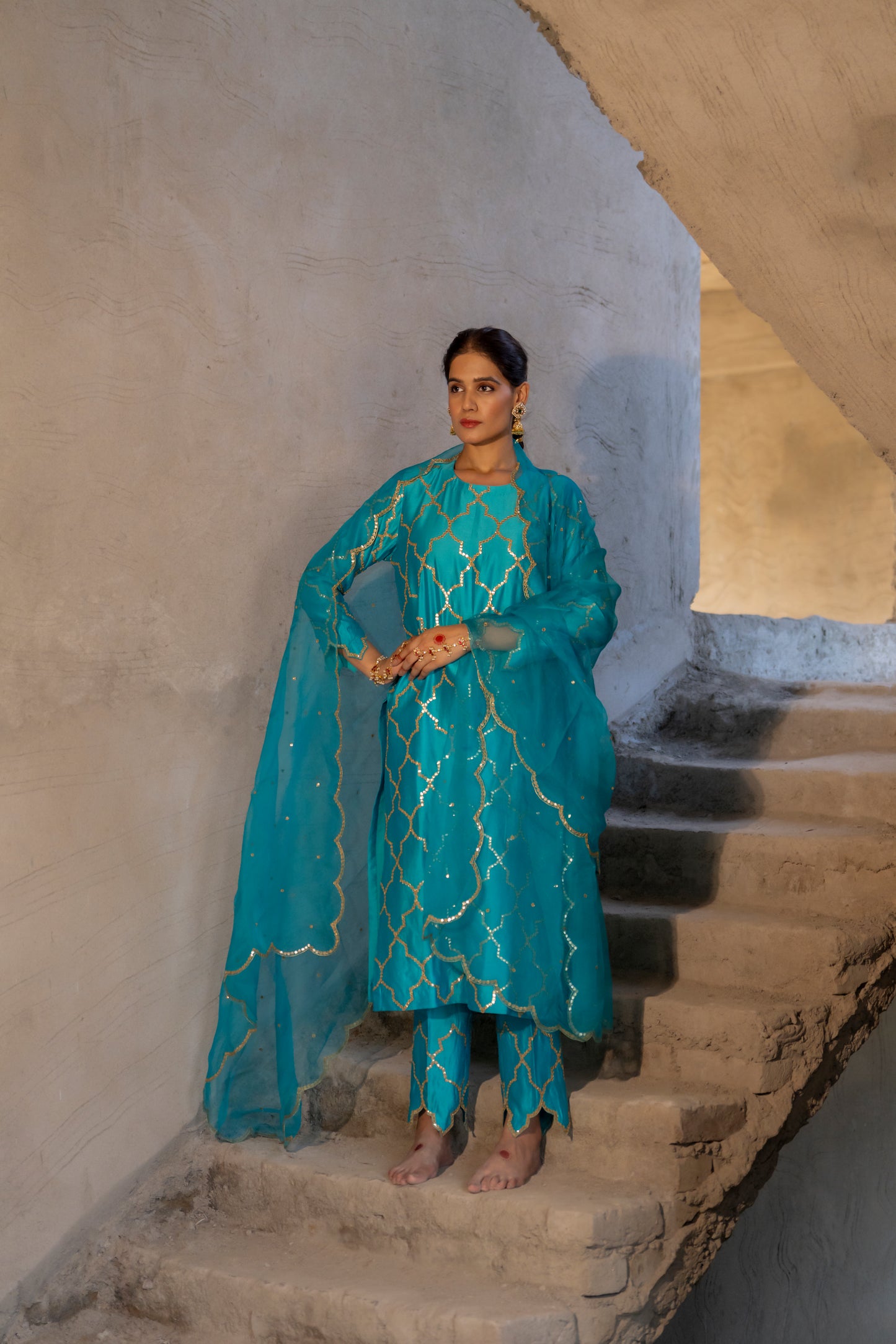 Turquoise Silk Kurta Set with Turkish Gota Jaal