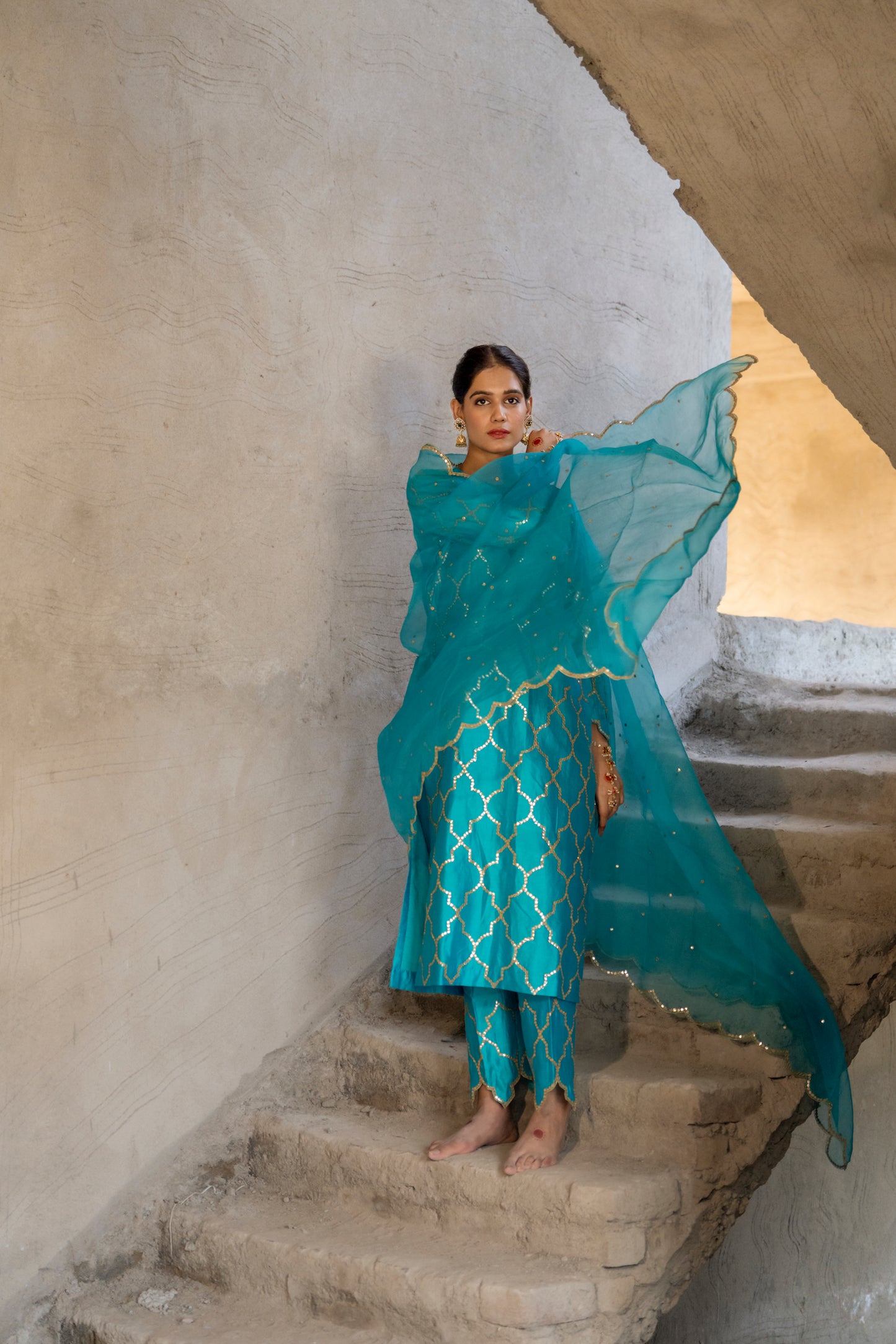 Turquoise Silk Kurta Set with Turkish Gota Jaal