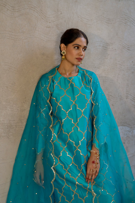 Turquoise Silk Kurta Set with Turkish Gota Jaal