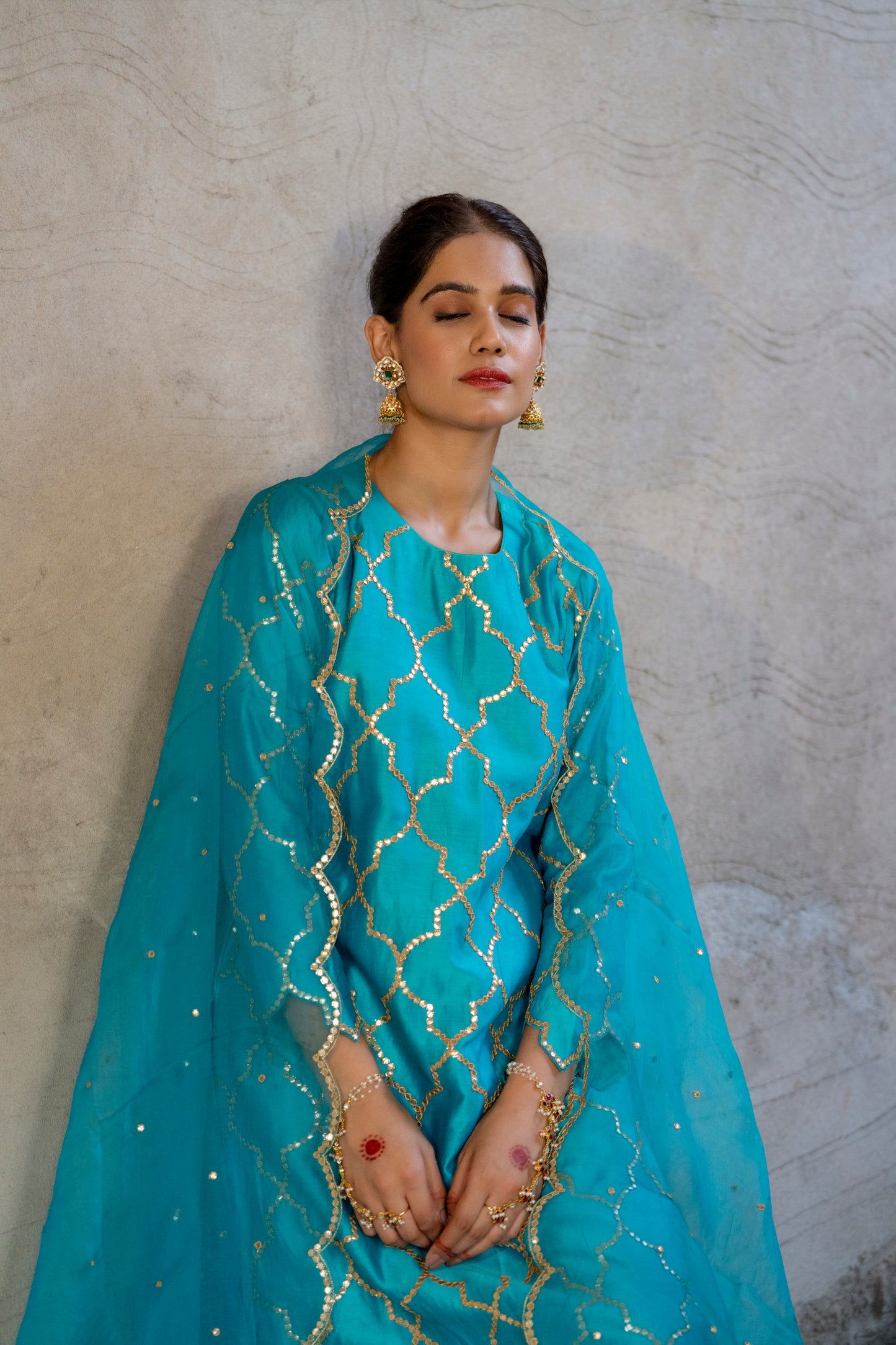 Turquoise Silk Kurta Set with Turkish Gota Jaal