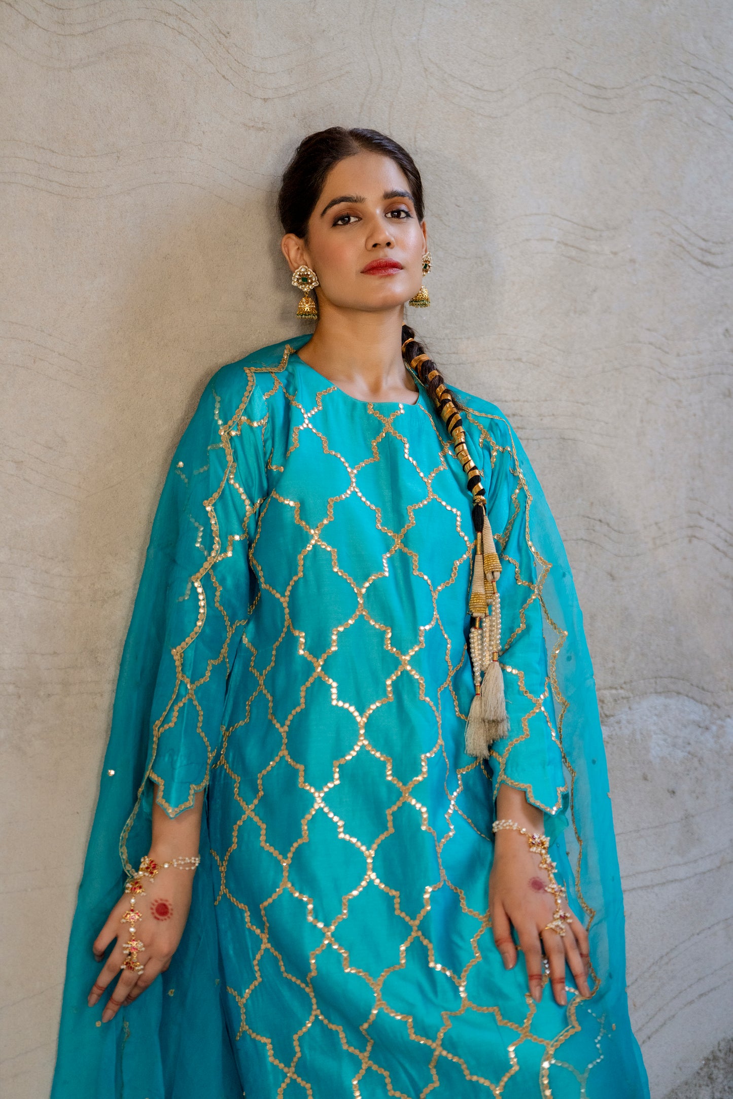 Turquoise Silk Kurta Set with Turkish Gota Jaal