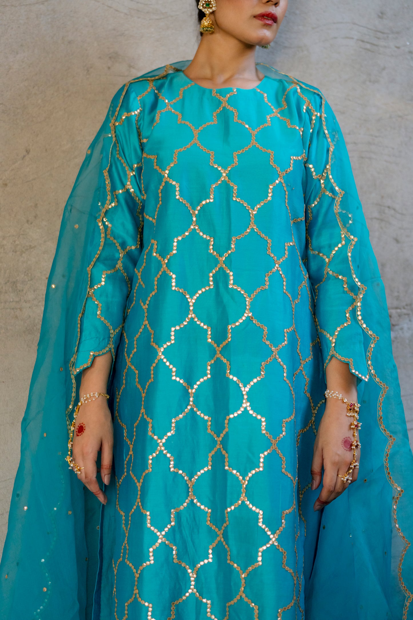 Turquoise Silk Kurta Set with Turkish Gota Jaal