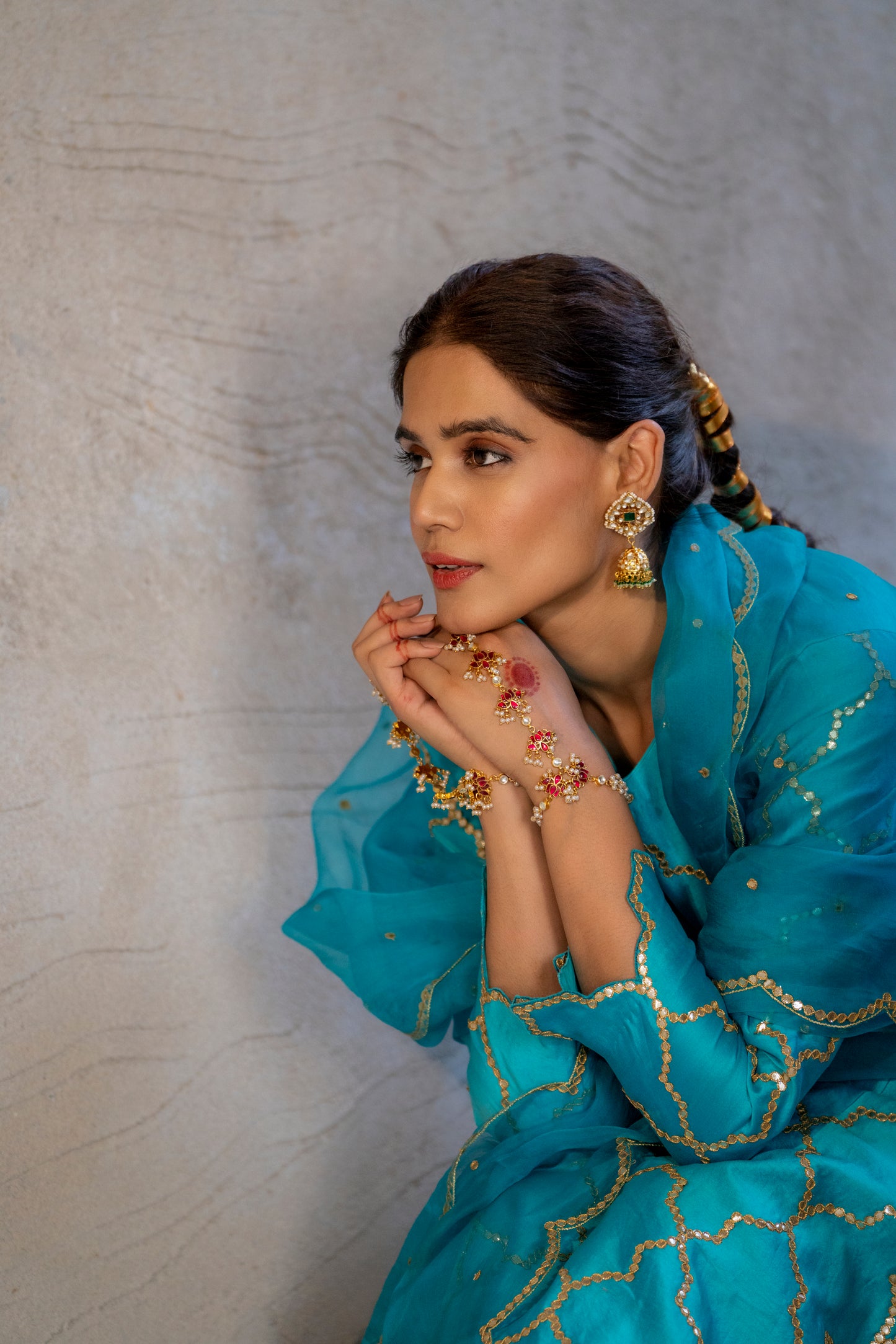 Turquoise Silk Kurta Set with Turkish Gota Jaal