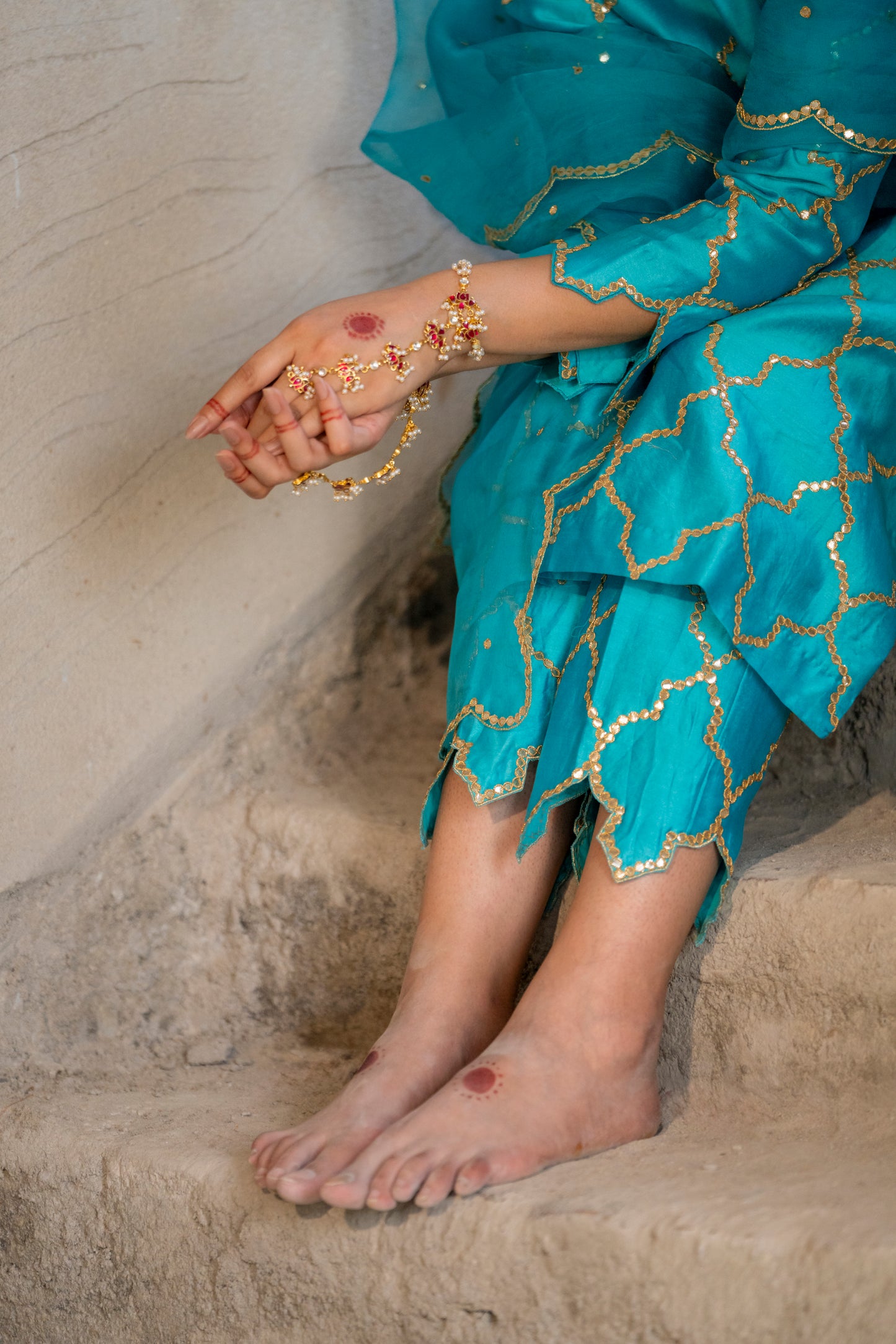 Turquoise Silk Kurta Set with Turkish Gota Jaal