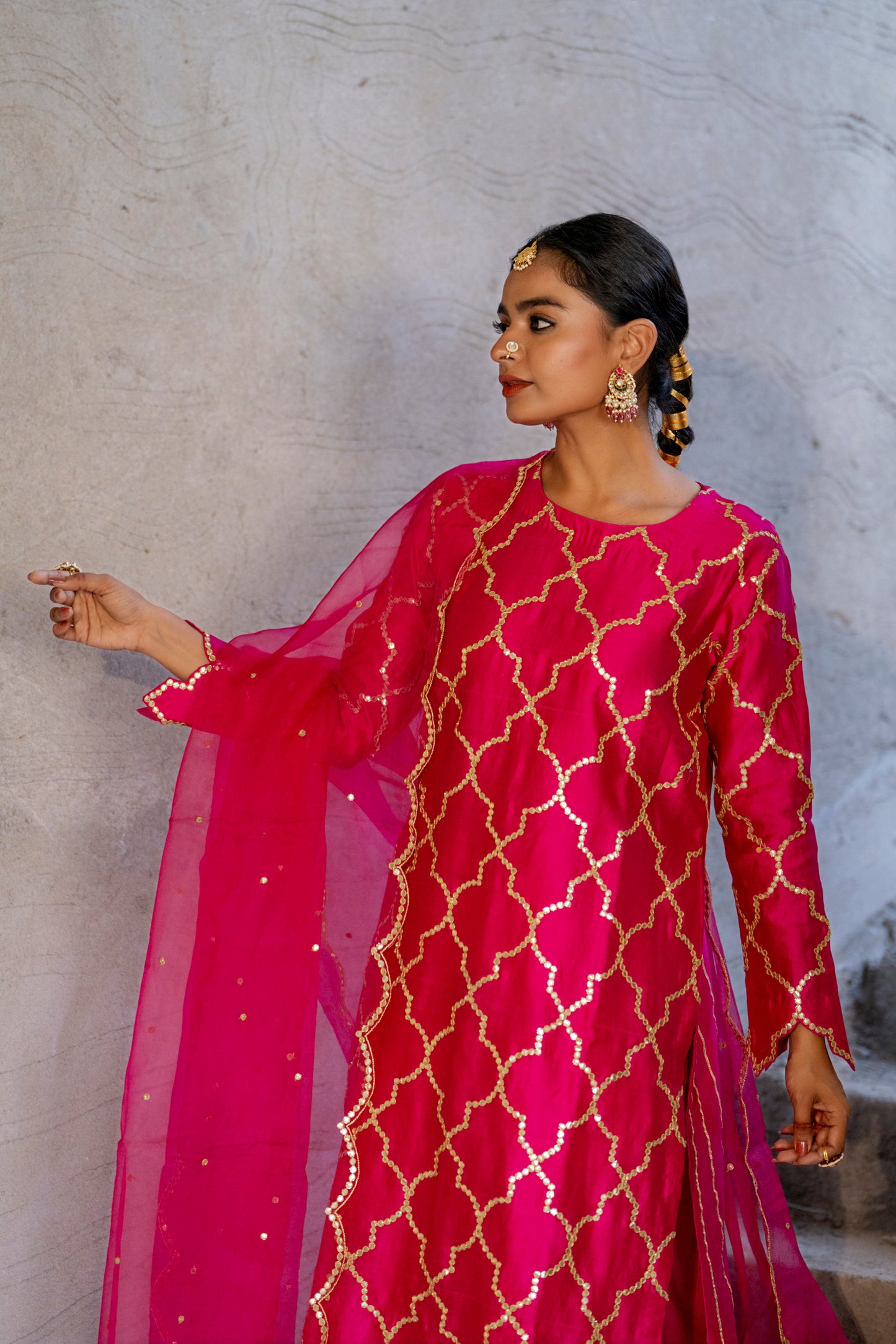 Fuschia Pink Silk Kurta Set with Turkish Gota Jaal