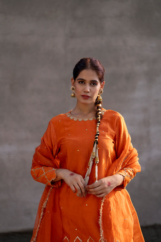 Orange Silk Kurta Set with half Turkish Gota Jaal