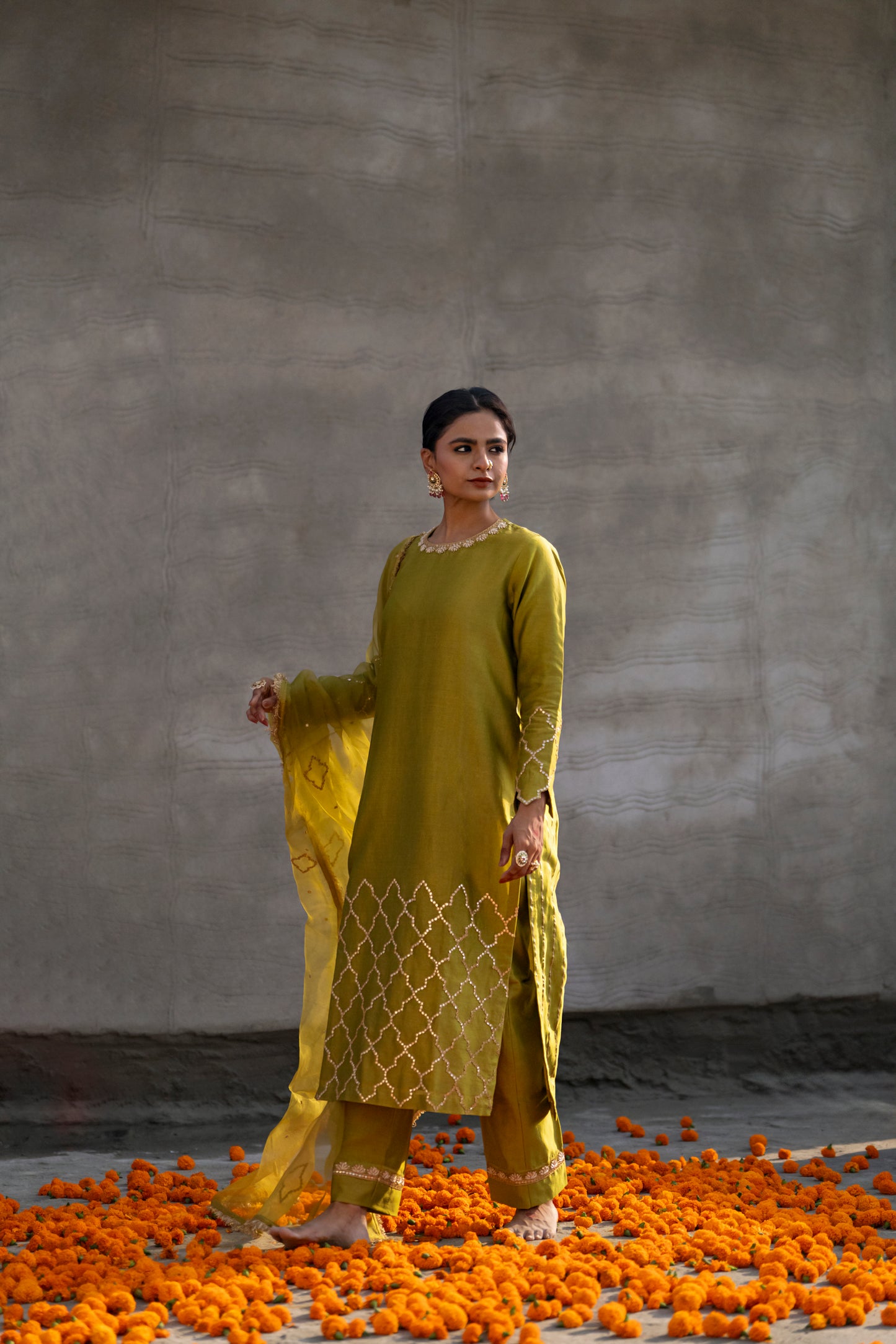 Mehendi Green Silk Kurta Set with half Turkish Gota Jaal