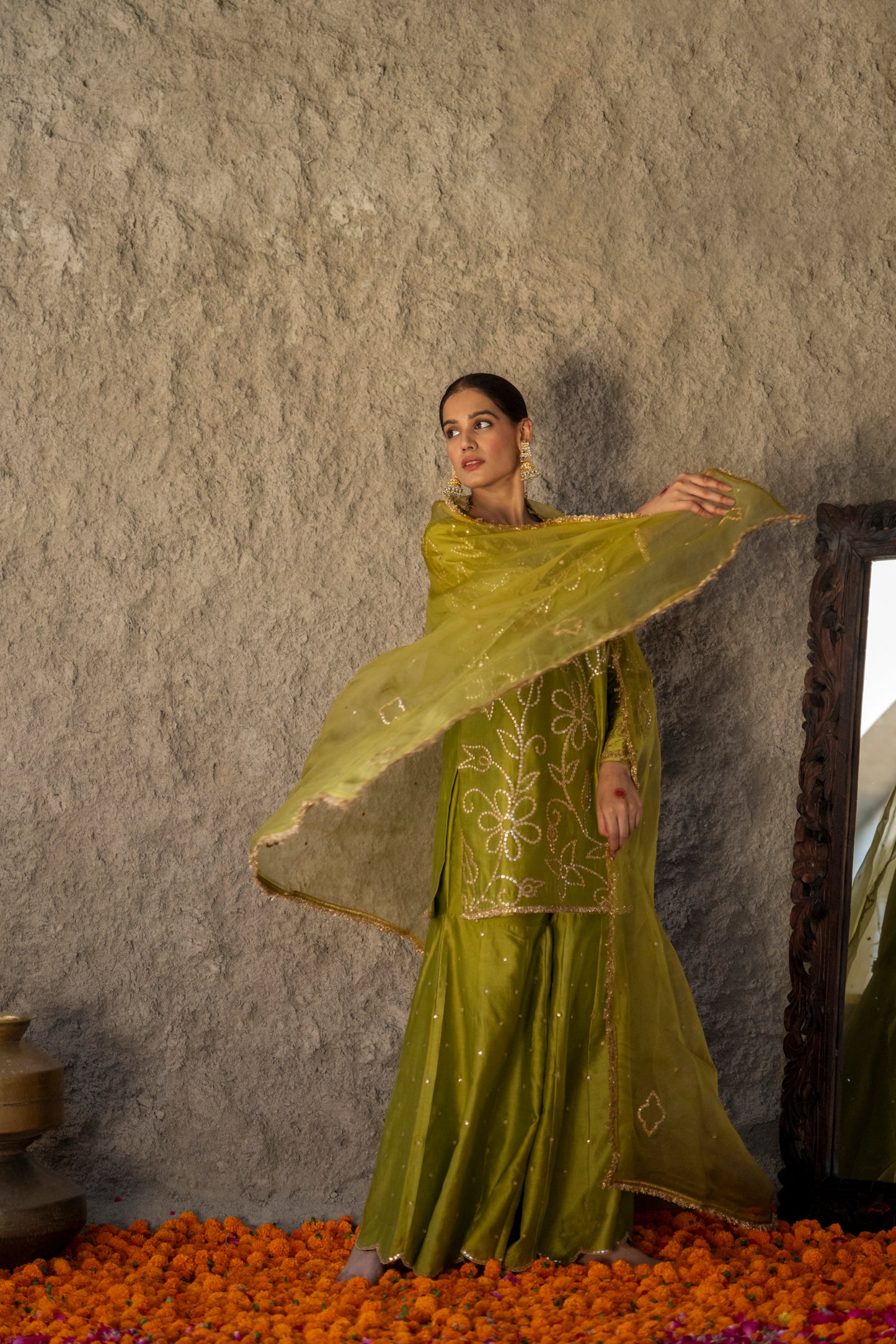 Mehendi Green Silk Short Kurta Sharara Set with Gota Jaal