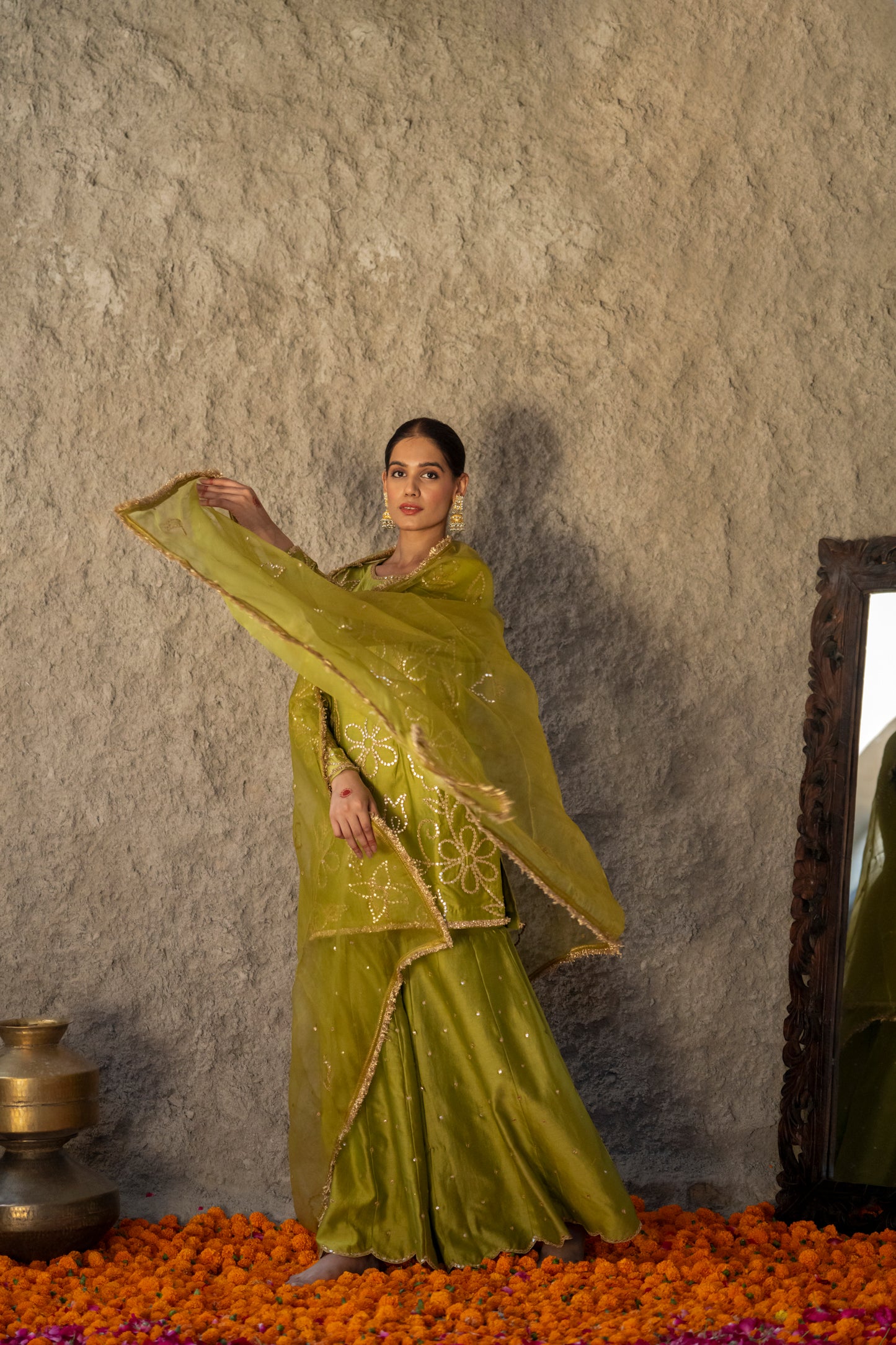 Mehendi Green Silk Short Kurta Sharara Set with Gota Jaal