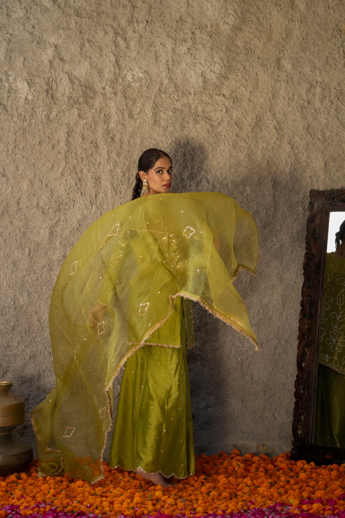 Mehendi Green Silk Short Kurta Sharara Set with Gota Jaal