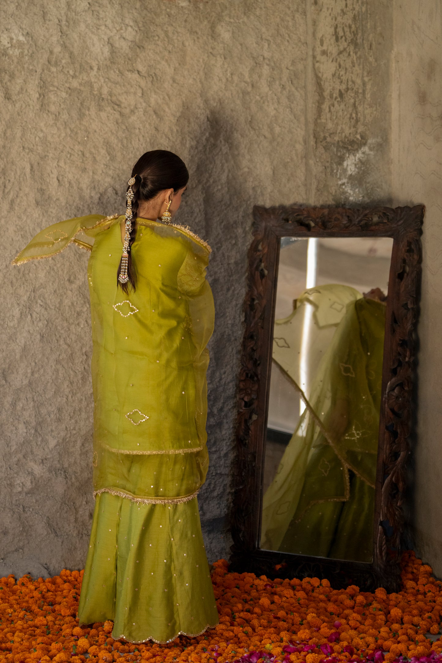 Mehendi Green Silk Short Kurta Sharara Set with Gota Jaal