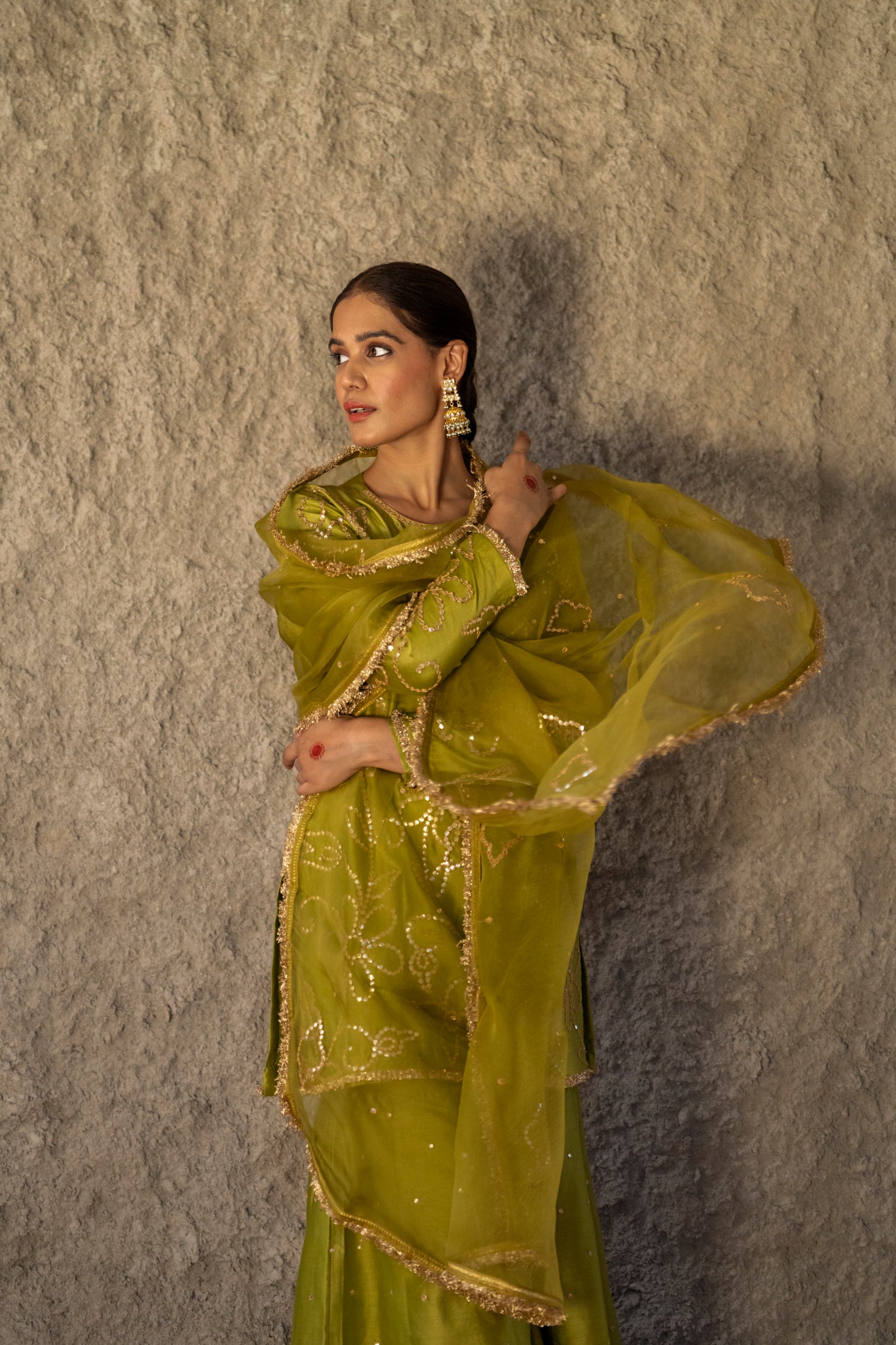Mehendi Green Silk Short Kurta Sharara Set with Gota Jaal