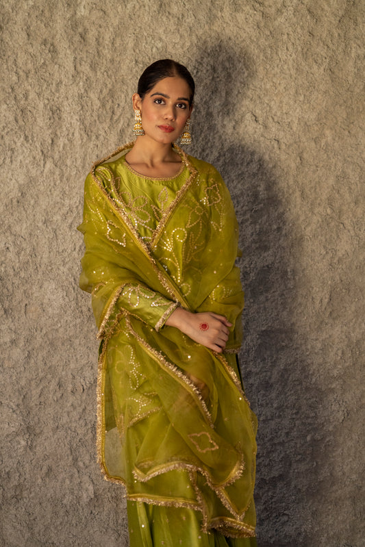 Mehendi Green Silk Short Kurta Sharara Set with Gota Jaal