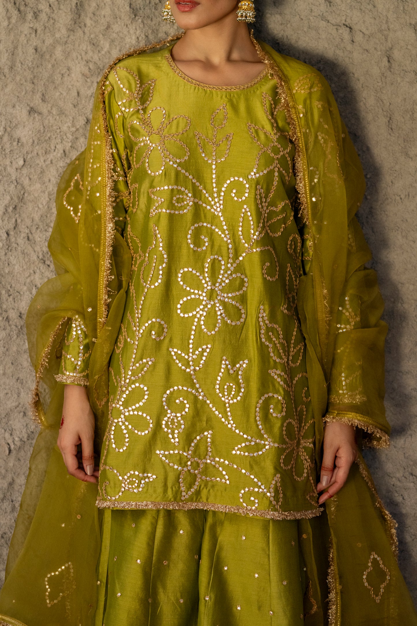 Mehendi Green Silk Short Kurta Sharara Set with Gota Jaal