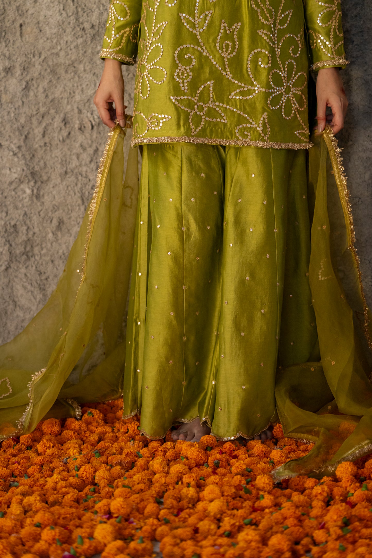 Mehendi Green Silk Short Kurta Sharara Set with Gota Jaal