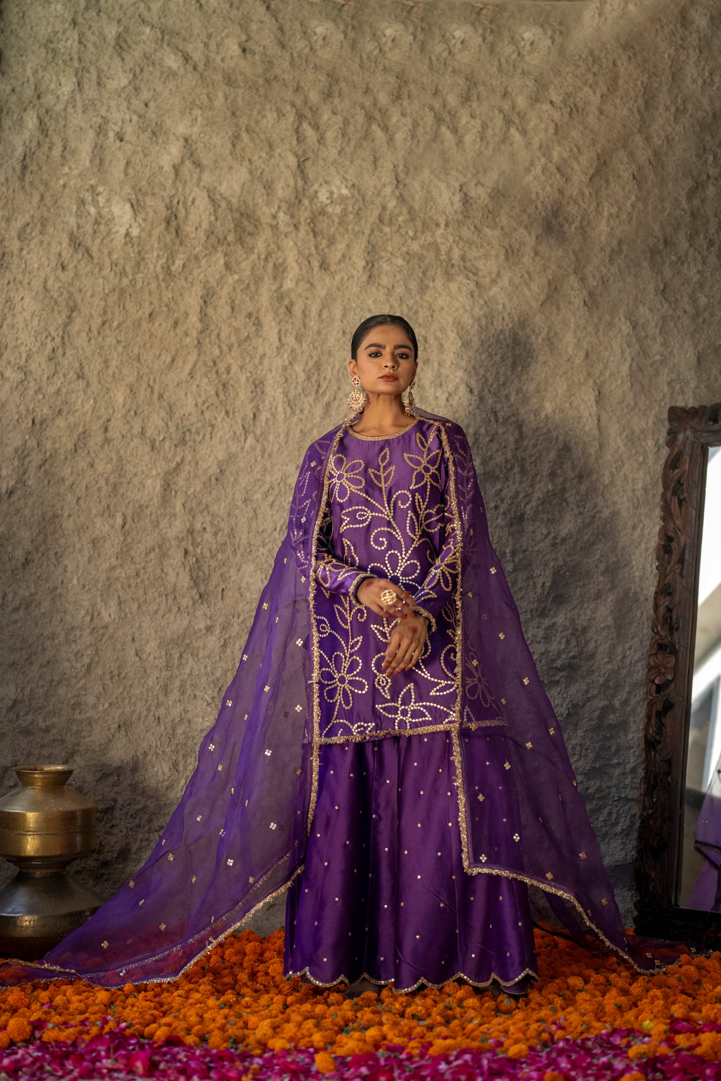 Purple Silk Short Kurta Sharara Set with Gota Jaal