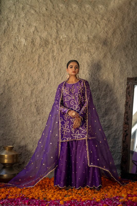 Purple Silk Short Kurta Sharara Set with Gota Jaal