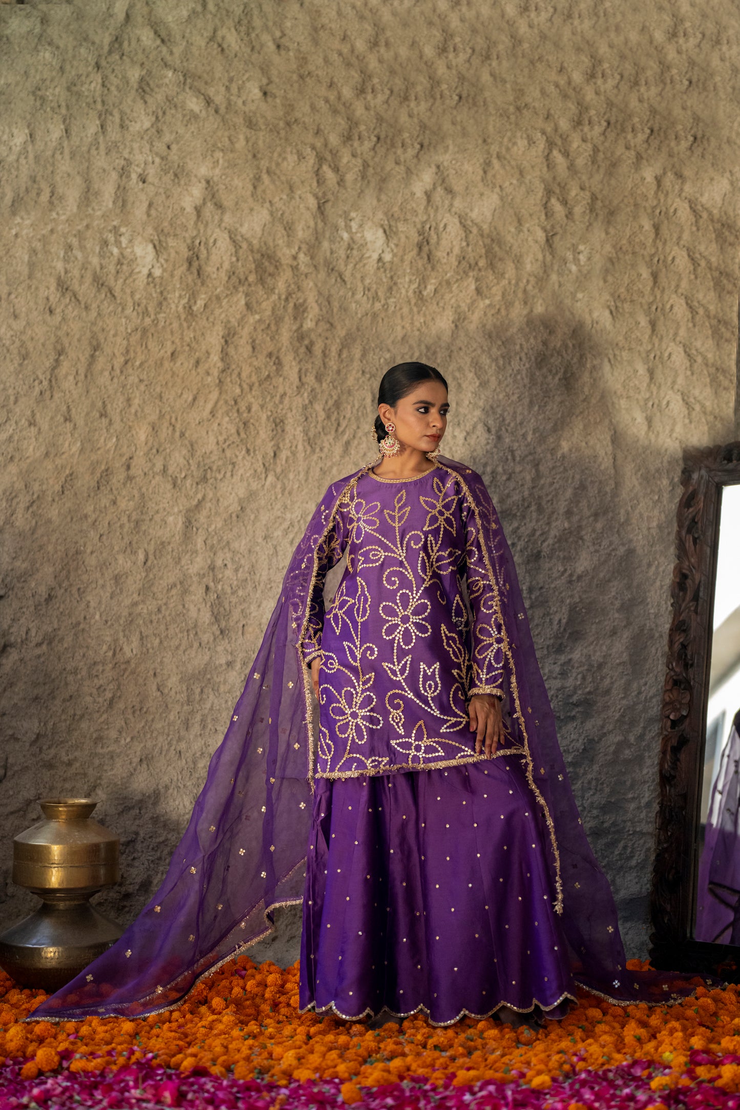 Purple Silk Short Kurta Sharara Set with Gota Jaal