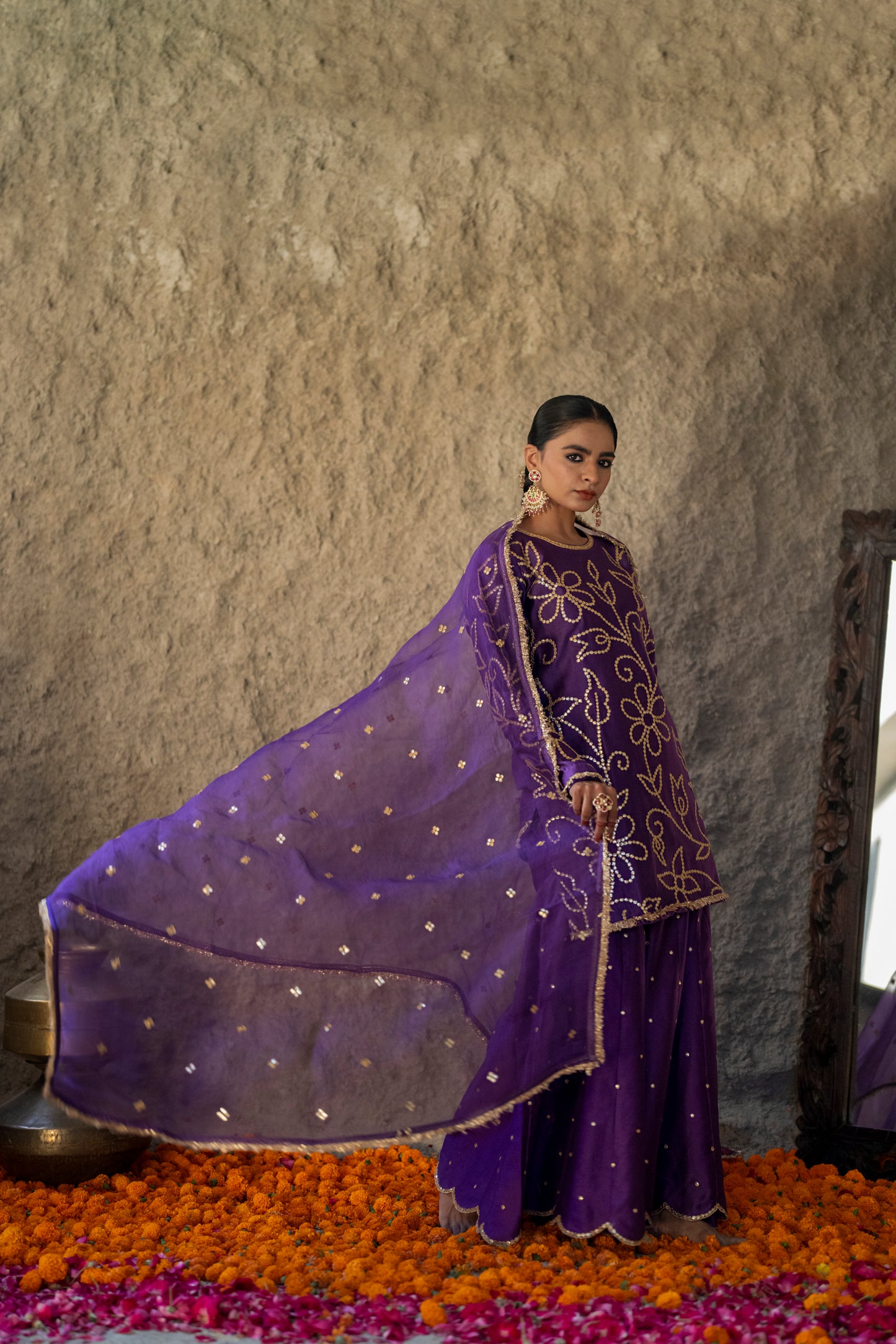 Purple Silk Short Kurta Sharara Set with Gota Jaal