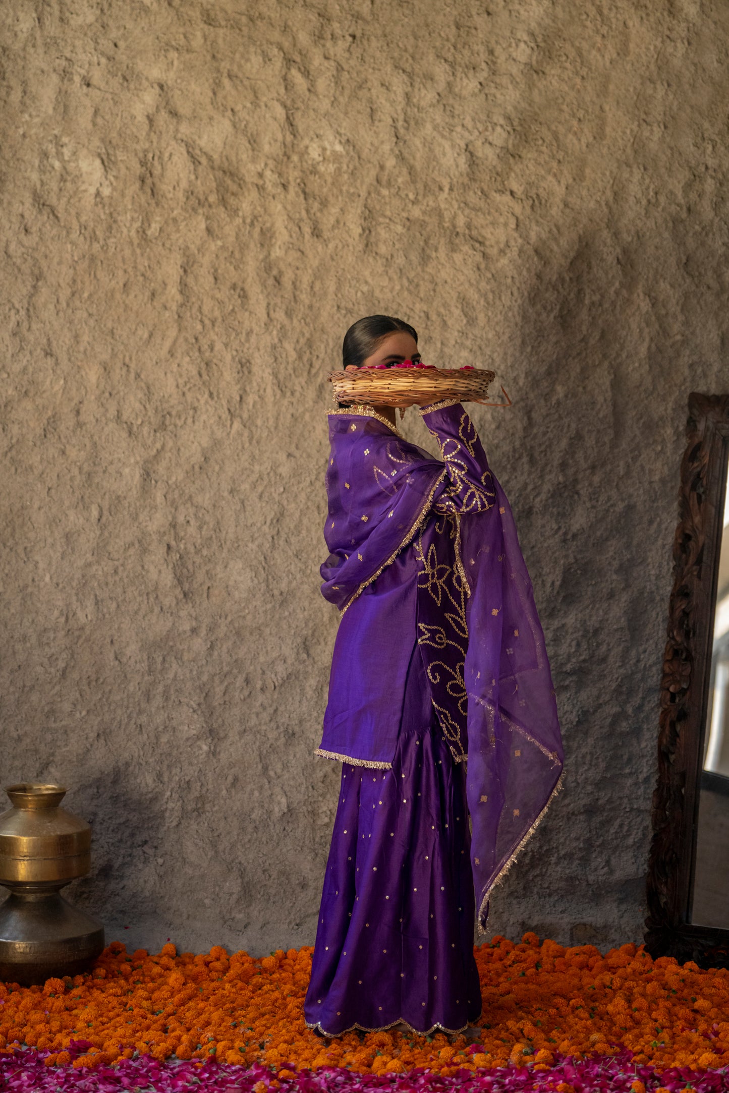 Purple Silk Short Kurta Sharara Set with Gota Jaal
