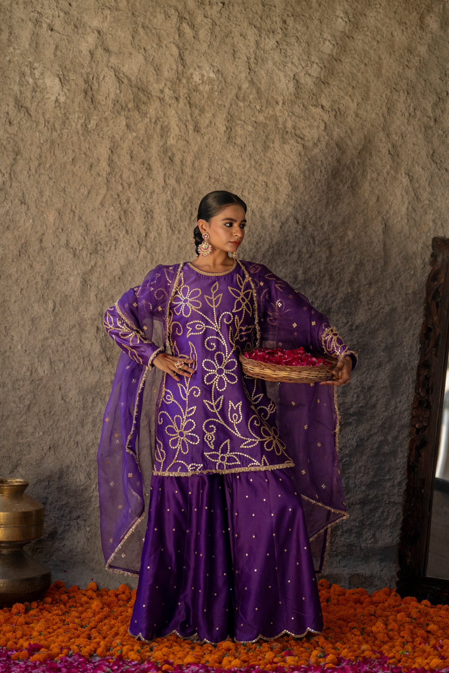 Purple Silk Short Kurta Sharara Set with Gota Jaal