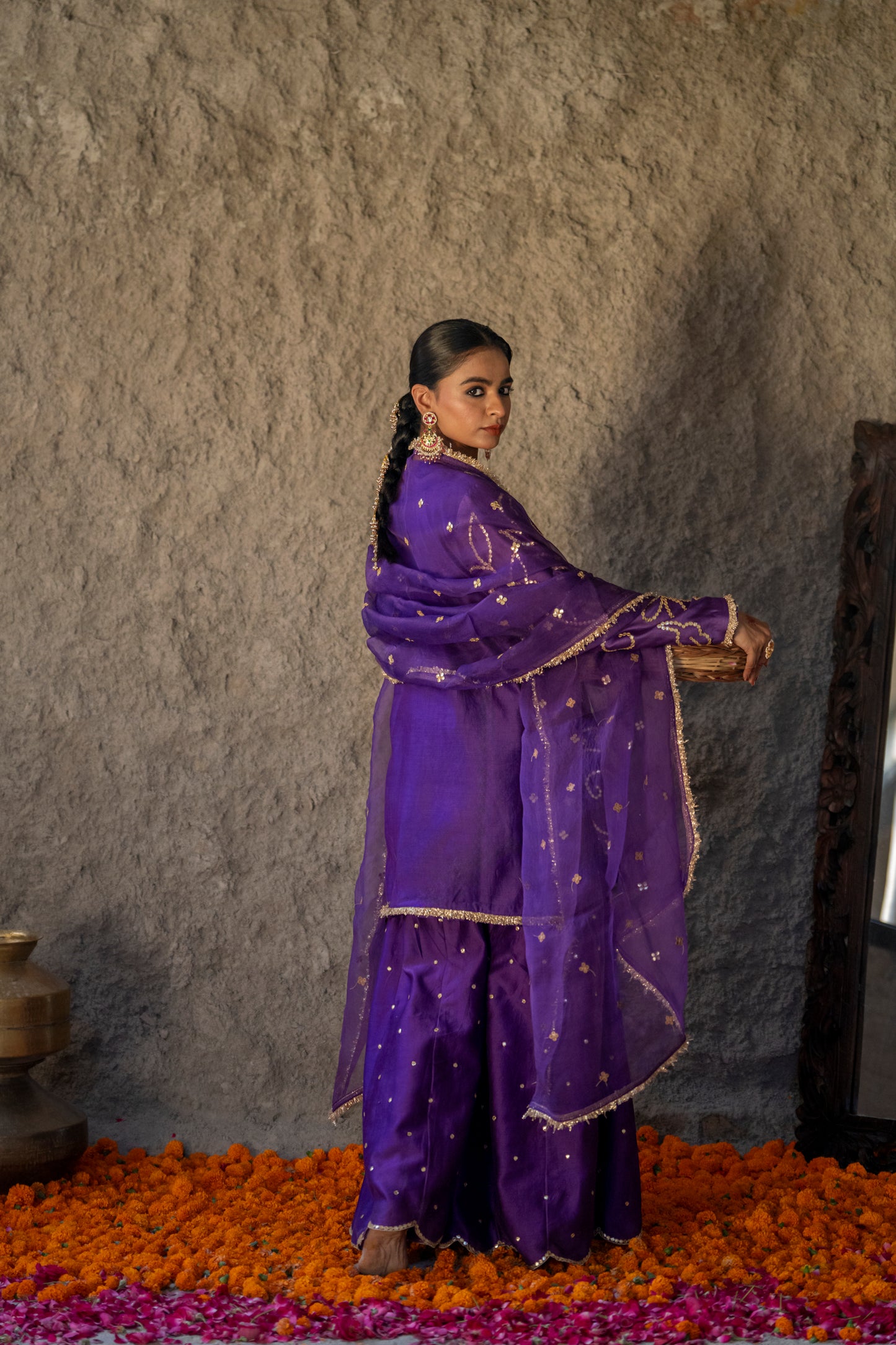 Purple Silk Short Kurta Sharara Set with Gota Jaal
