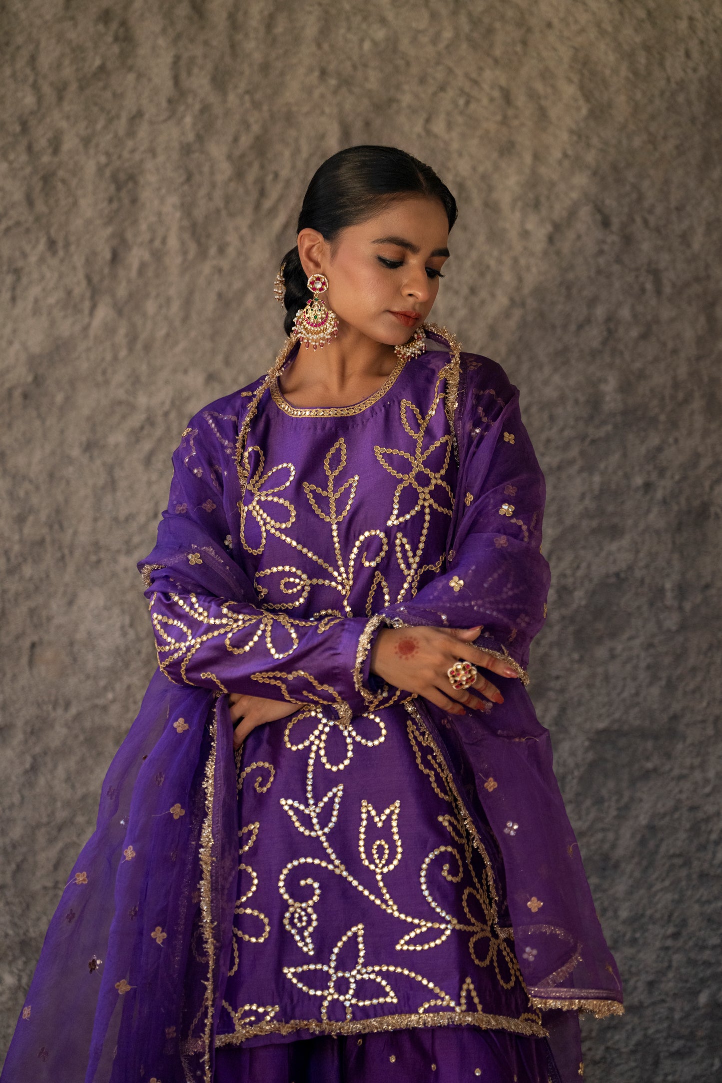 Purple Silk Short Kurta Sharara Set with Gota Jaal