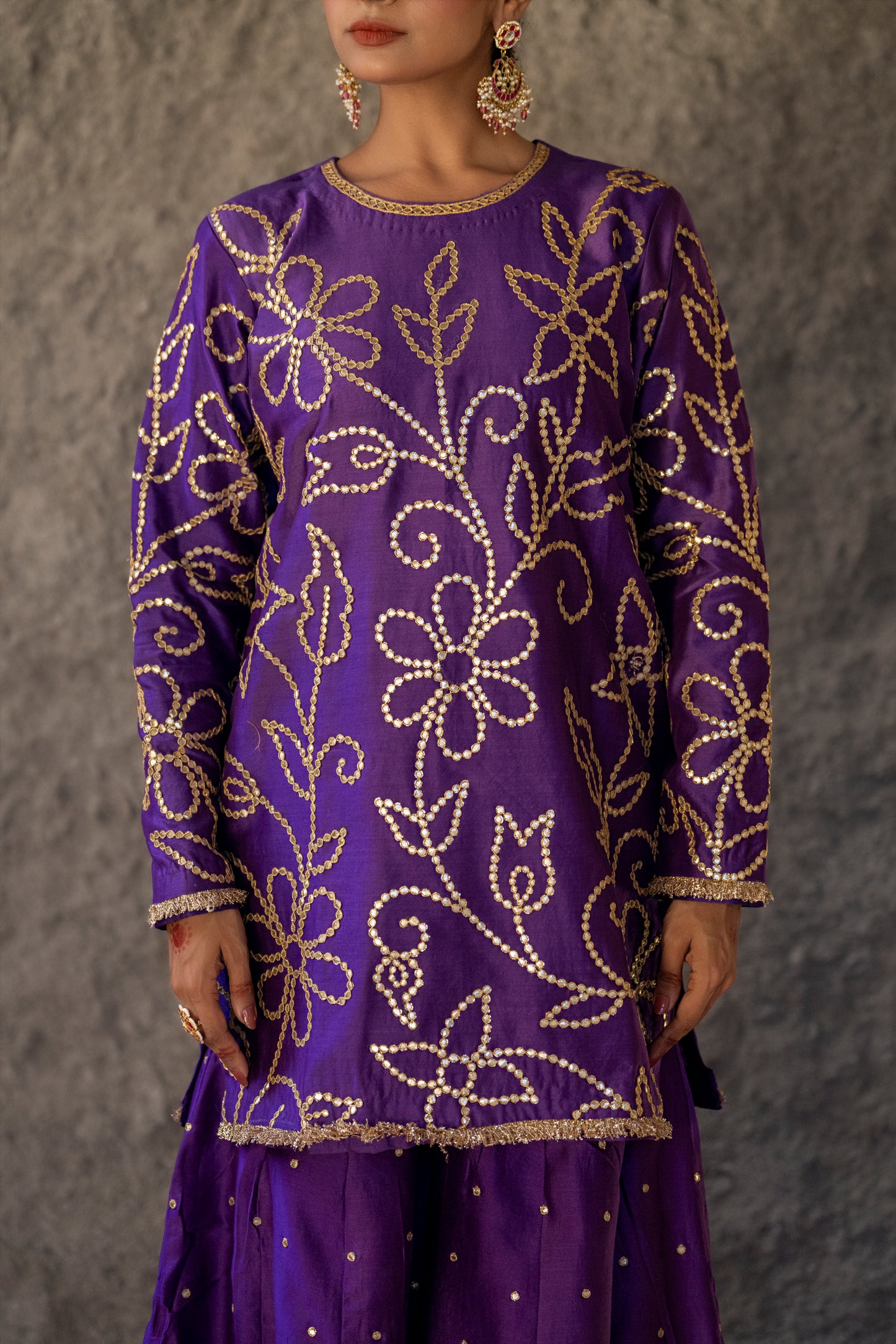 Purple Silk Short Kurta Sharara Set with Gota Jaal