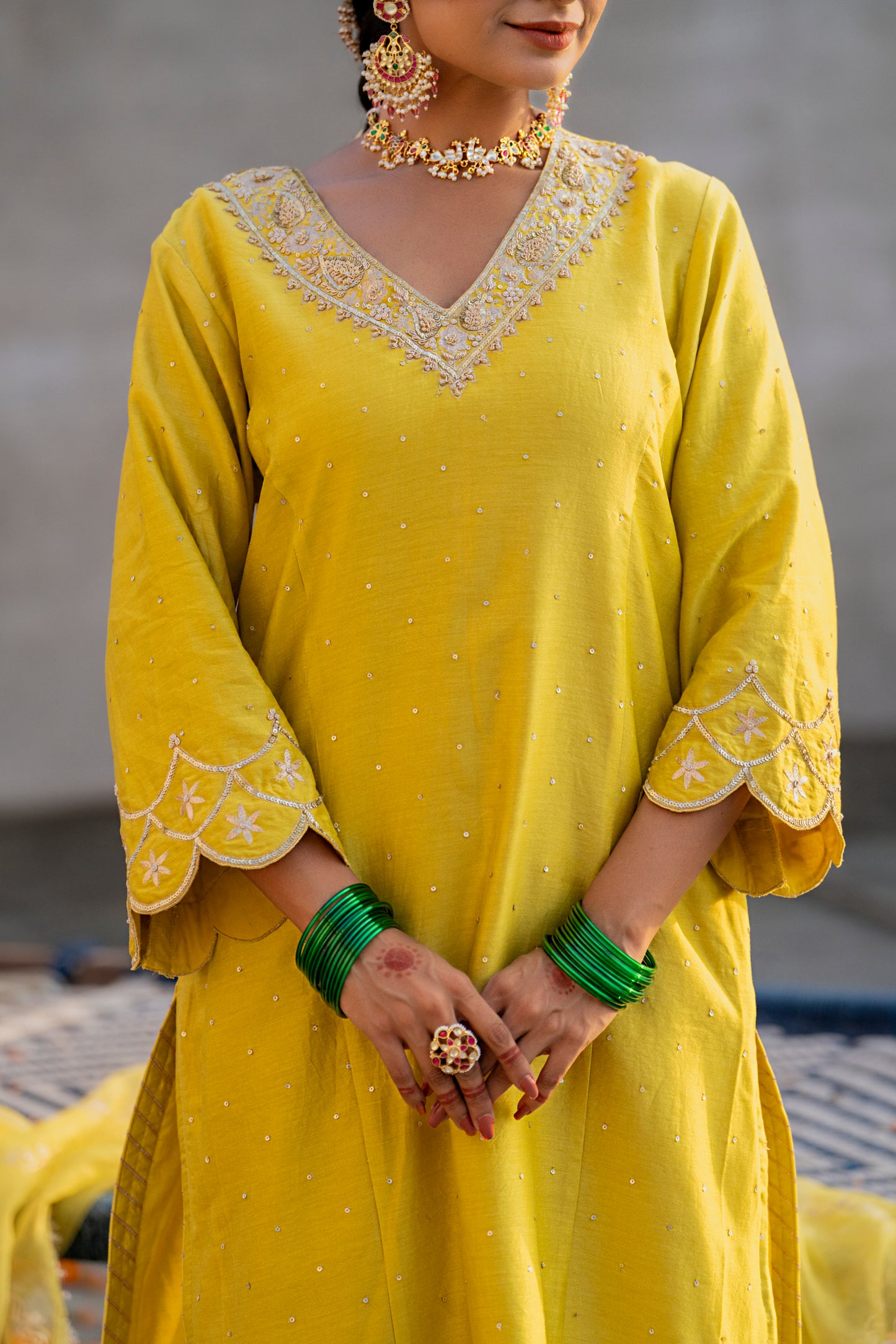 Yellow Silk Kurta Set with Heavy Dori and Zari Work