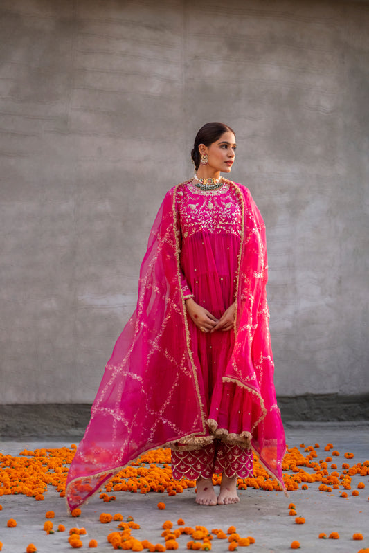 Fuschia Pink Yoke Mul Chanderi Anaarkali with Pittan work