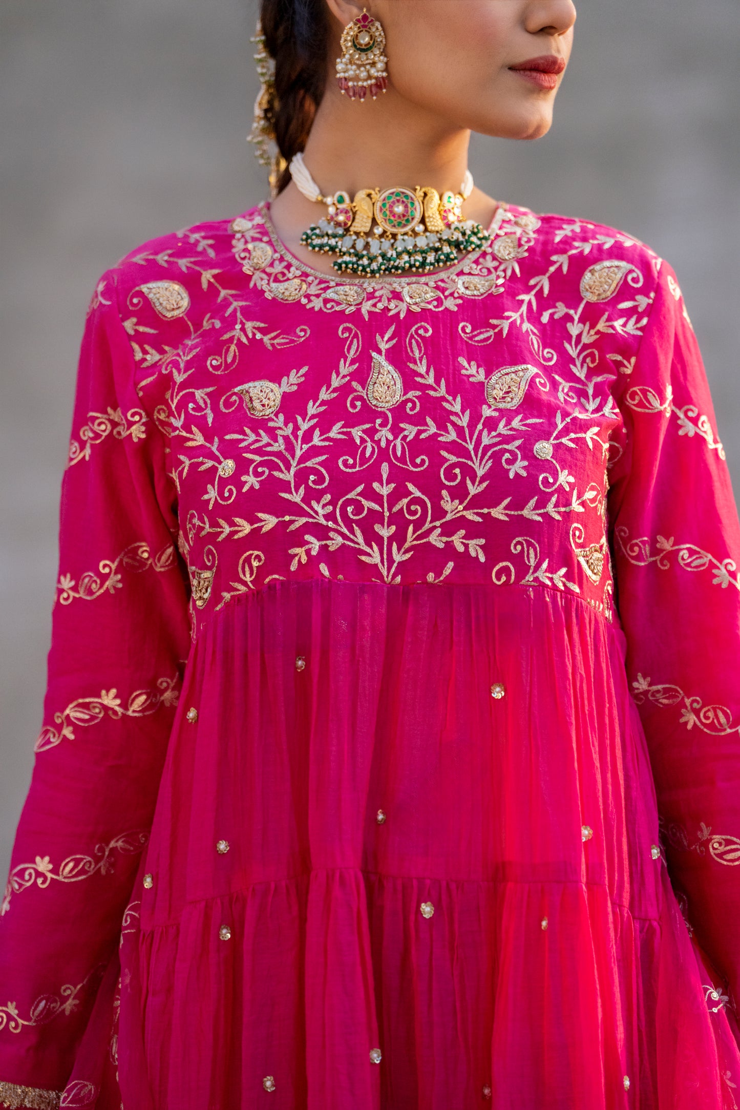 Fuschia Pink Yoke Mul Chanderi Anaarkali with Pittan work
