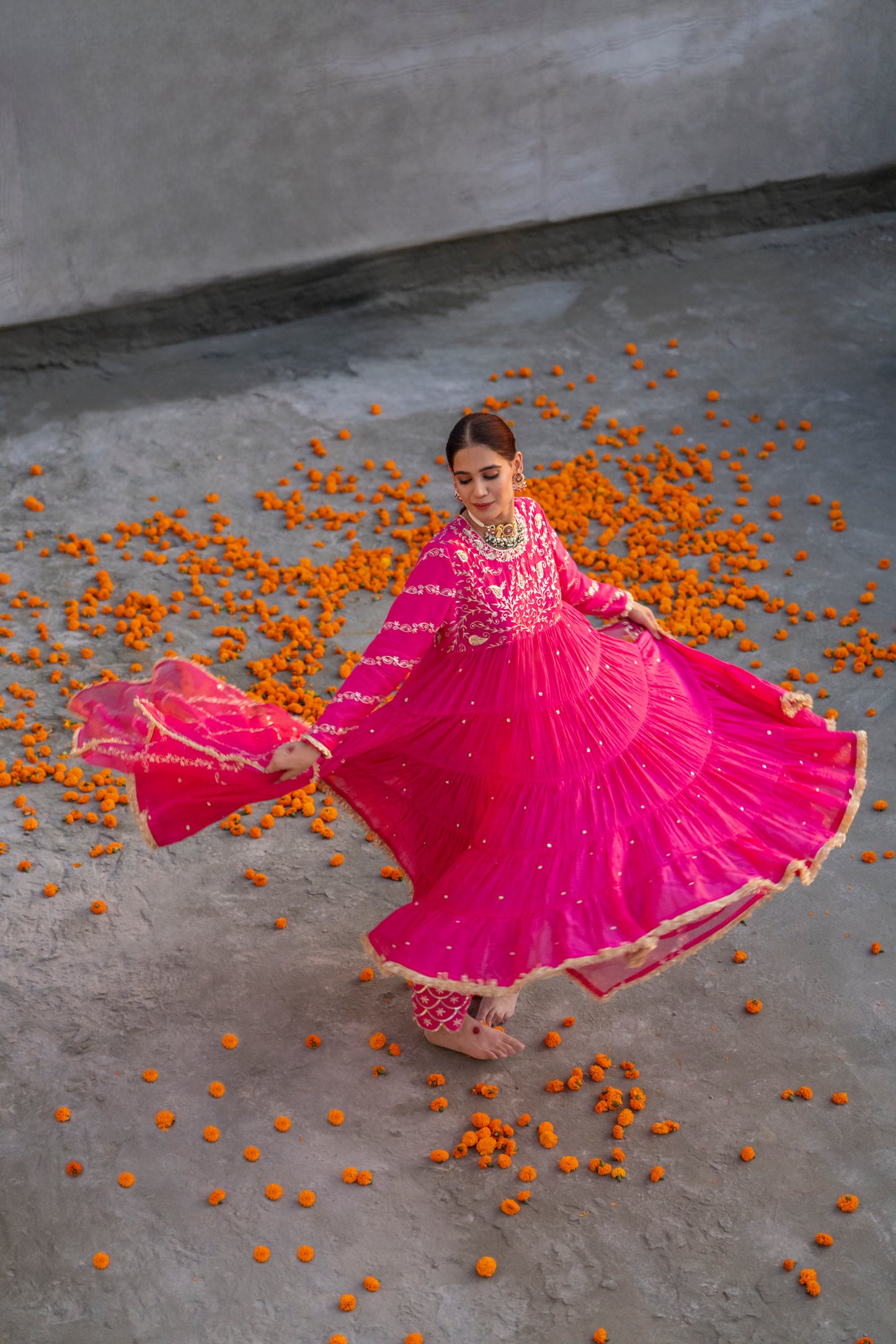 Fuschia Pink Yoke Mul Chanderi Anaarkali with Pittan work